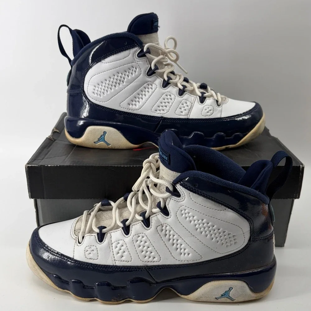 Air Jordan 9 Retro GS White University Blue Navy Sneakers 302359-145 size 7Y